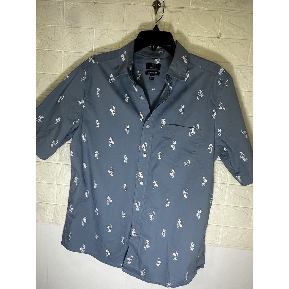 George-Mens Hawaiian Shirt L‎ -Blue-Casual Button Down-Short Sleeve-Resort